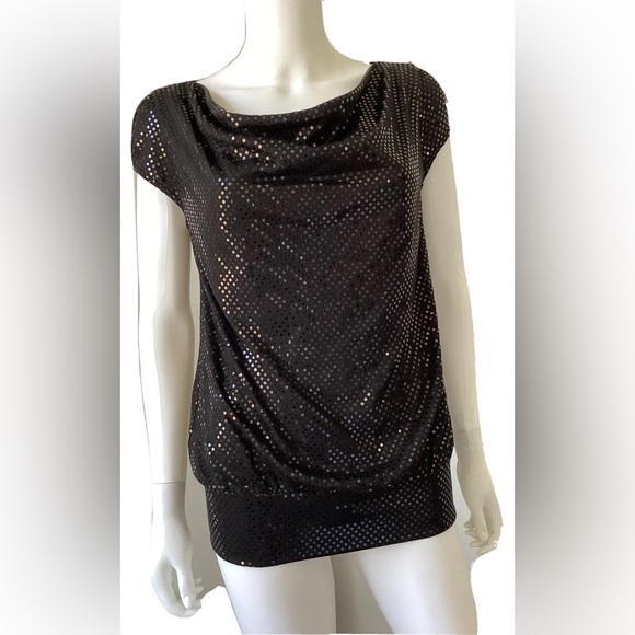 Express Loose Fit Sequin Top Cap Sleeve Open Back Cowl Neckline Black - Picture 2 of 5